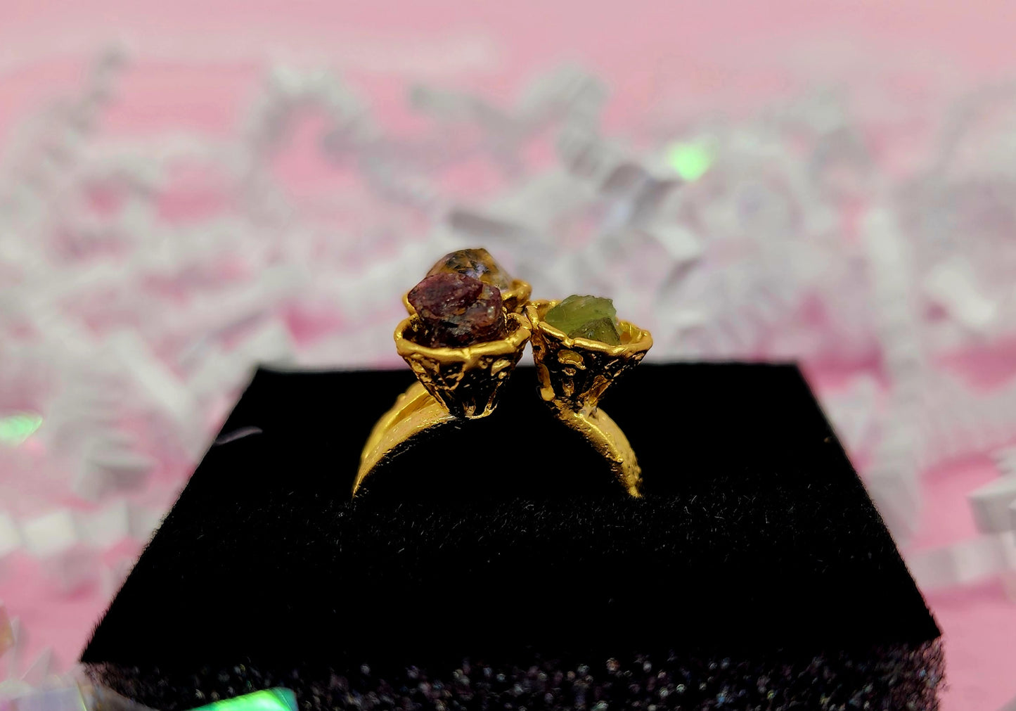 Moldavite x Herkimer x Garnet Ring